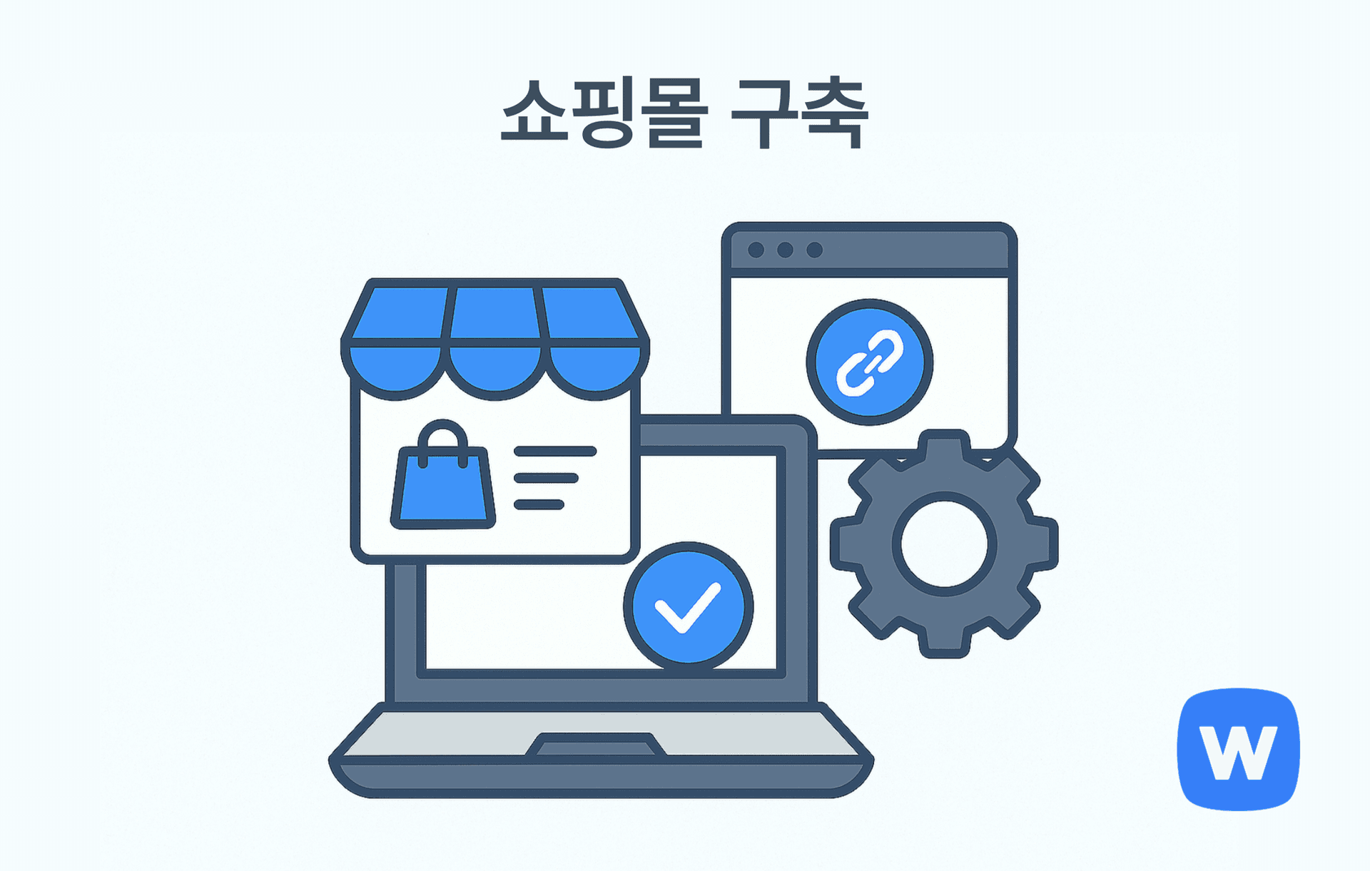 중앙의 노트북 화면에 쇼핑몰 인터페이스가 표시되고, 주변에 쇼핑백 아이콘이 있는 점포 간판, 연결 아이콘이 있는 브라우저 창, 톱니바퀴 아이콘이 함께 배치된 플랫 벡터 일러스트. 온라인 쇼핑몰 구축의 구성 요소를 직관적으로 표현.
