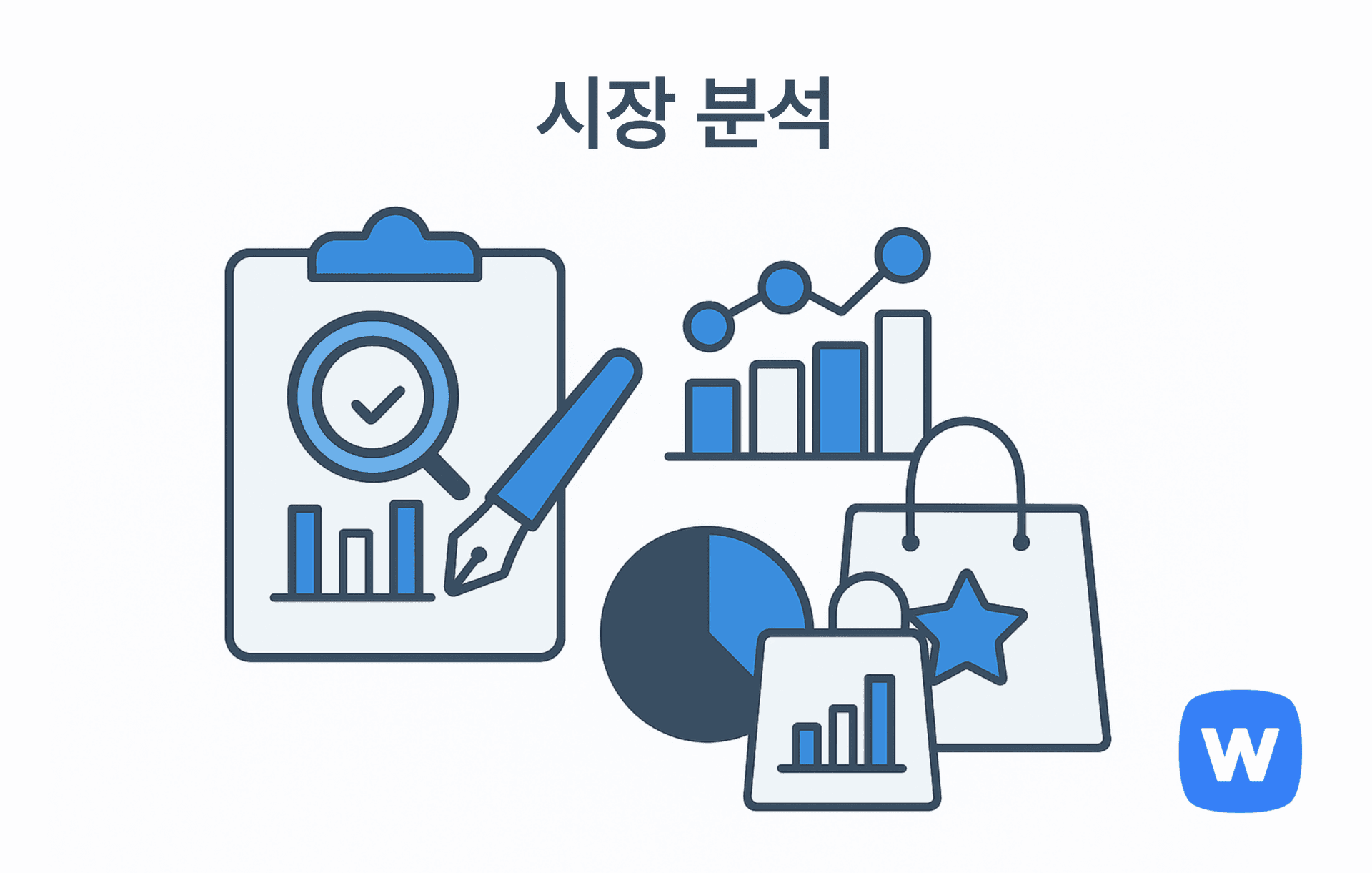 바 그래프가 있는 클립보드와 확대경, 상승 곡선 그래프, 파이 차트, 쇼핑백이 함께 배치된 이미지로, 시장 분석에서의 데이터 수집과 경쟁 상품 분석 과정을 시각적으로 표현.