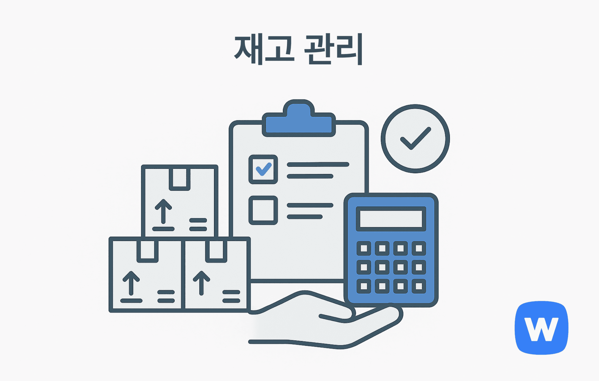 세 개의 재고 박스, 체크리스트 클립보드, 계산기, 체크 아이콘이 있는 그림. 상품 재고를 효율적으로 관리해 과잉 재고나 품절을 방지하고 비용을 절감하는 이커머스 재고 관리의 핵심 개념을 시각적으로 표현함.
