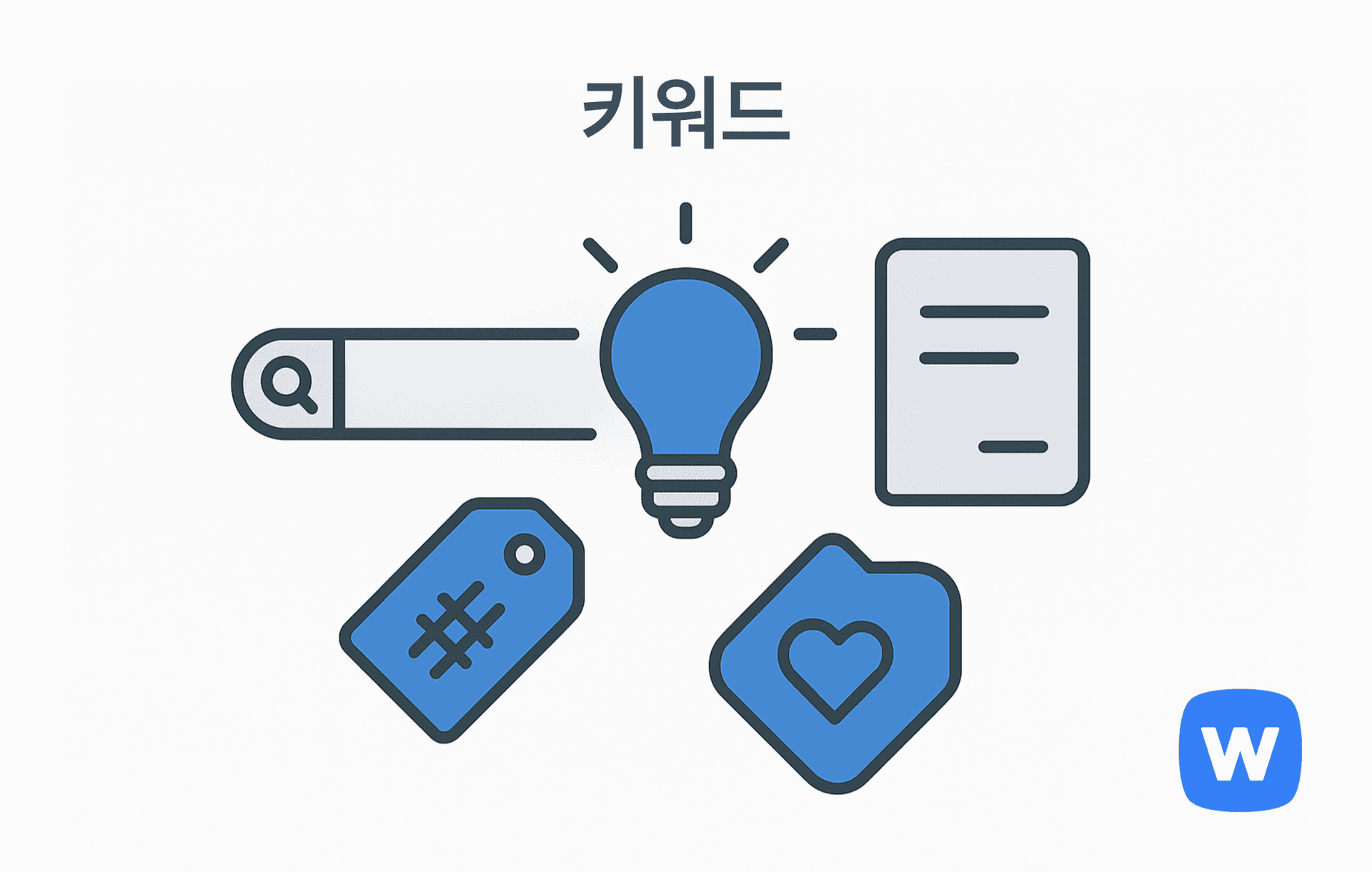 검색창, 전구 아이콘, 문서, 해시태그가 적힌 가격표, 하트 아이콘이 함께 배치된 일러스트로, 소비자 관심 키워드 발굴과 트렌드 파악 과정을 시각적으로 표현함.
