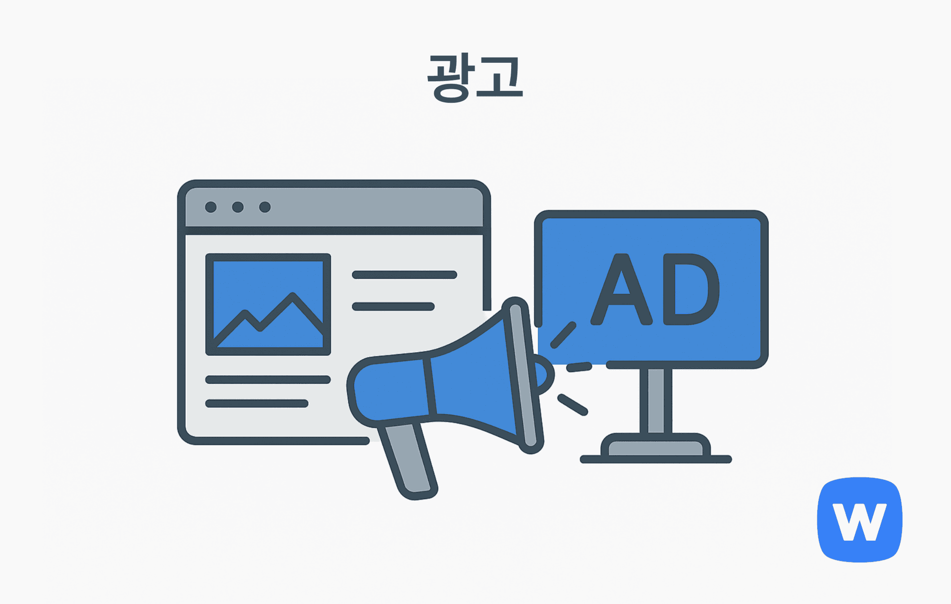 웹페이지, 확성기, 'AD' 문구가 표시된 광고판이 함께 배치된 일러스트로, 이커머스에서 사용하는 다양한 광고 수단을 시각적으로 표현함.