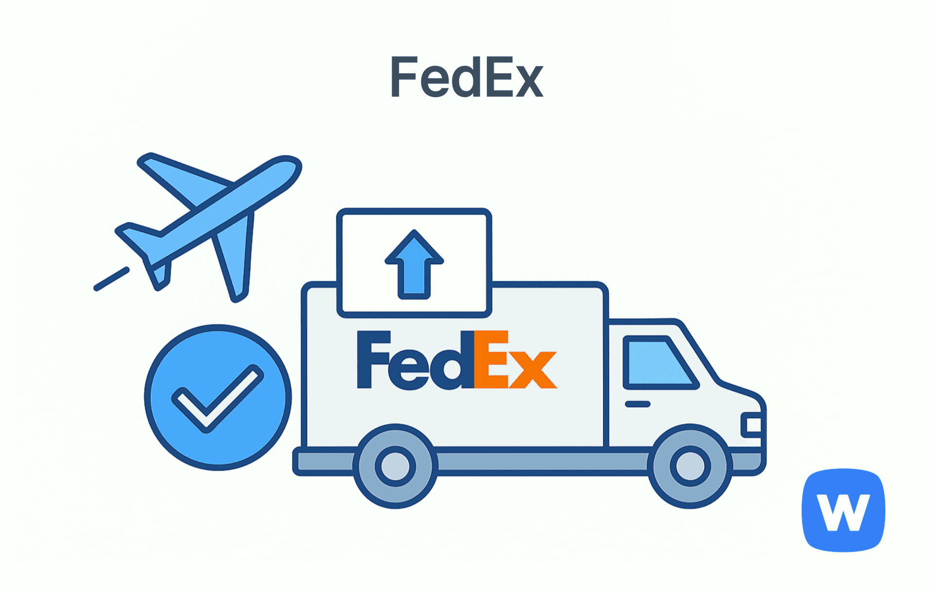 FedEx 로고가 그려진 배송 트럭이 오른쪽에 위치하고, 왼쪽에는 국제 배송을 상징하는 비행기 아이콘과 함께 체크 아이콘이 배치된 플랫 스타일 일러스트. 빠르고 신뢰할 수 있는 글로벌 배송 서비스를 직관적으로 표현함.