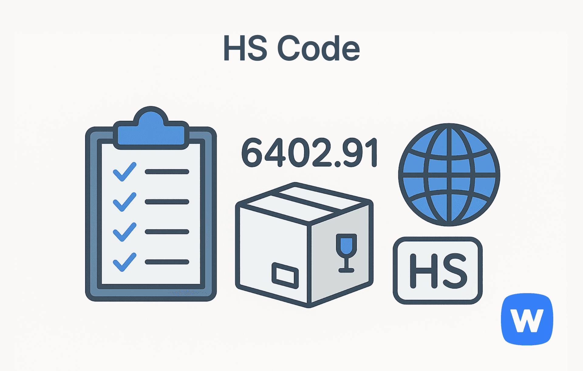체크리스트가 있는 클립보드, '6402.91' 숫자, 상품 상자, 지구본, 그리고 'HS' 라벨이 함께 배치된 그림. 국제 무역에서 상품을 분류하고 규정에 따라 처리하는 HS 코드 시스템을 시각적으로 표현함.