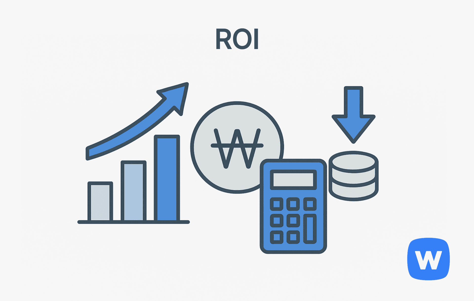 상승 화살표가 있는 막대 그래프, 원화(₩) 기호가 표시된 동전, 계산기, 하락 화살표가 있는 동전 더미가 함께 배치된 일러스트로, 투자 대비 수익률(ROI)을 시각적으로 표현함.