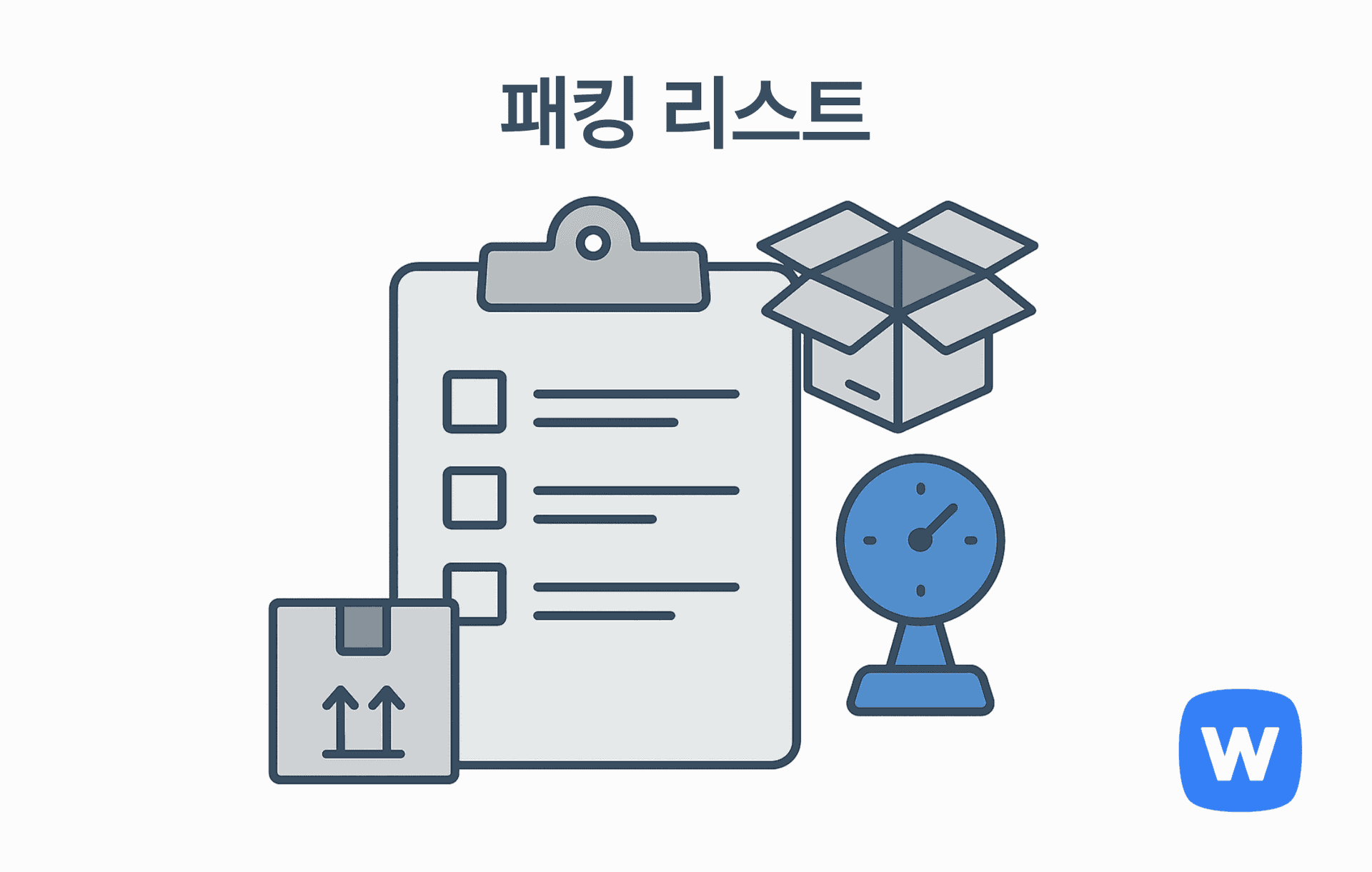 체크리스트 아이콘과 함께 박스가 나란히 놓여 있고, 원화(₩) 기호와 함께 포장 수량 및 무게 정보가 도식화된 그림. 국제 배송 시 발송 품목의 구성과 포장 상태를 상세히 기록하는 ‘패킹 리스트’를 시각적으로 표현함.