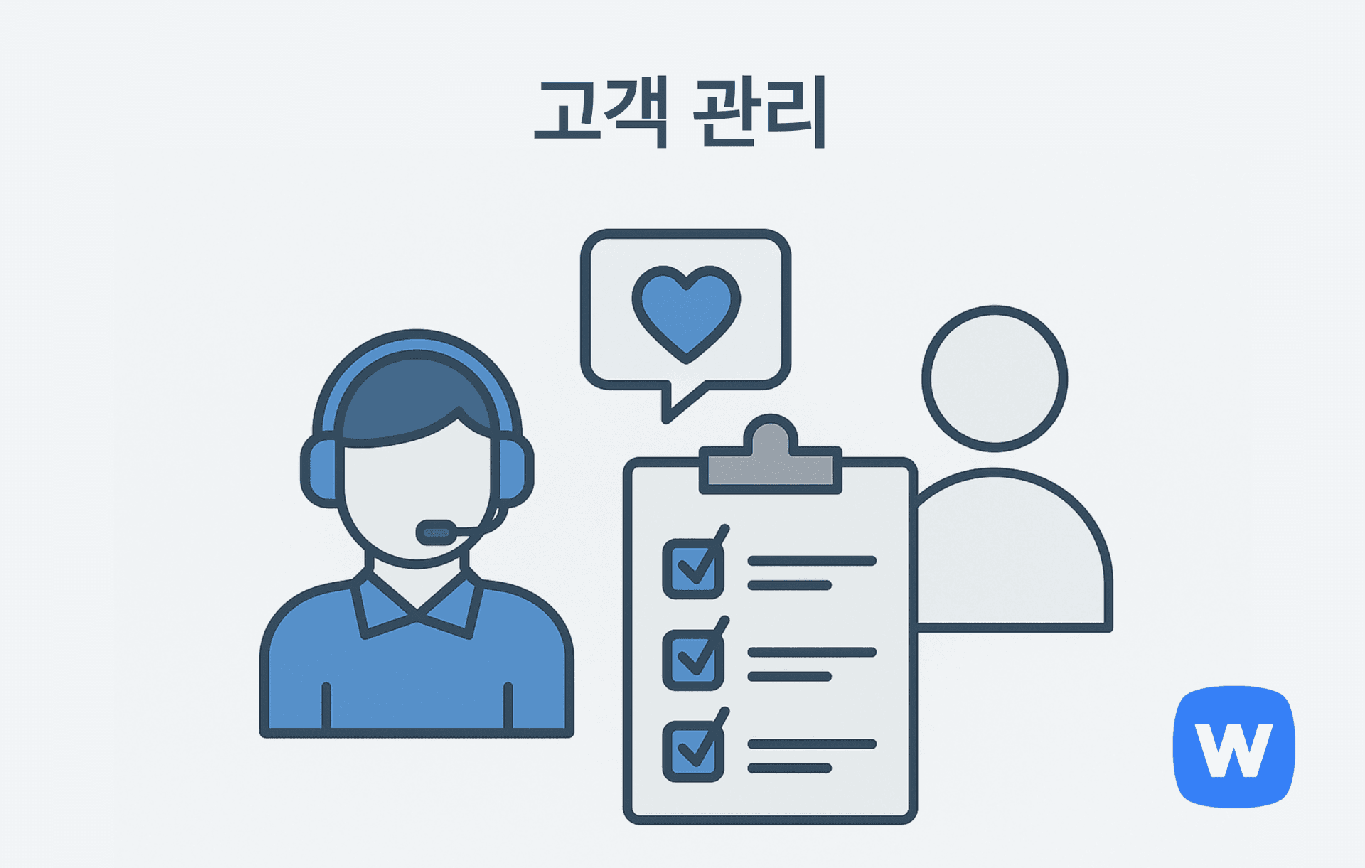중앙의 노트북 화면에 고객 아이콘과 별점이 표시되어 있고, 옆에는 톱니바퀴와 말풍선 아이콘이 배치된 그림. 고객 리뷰 관리, CS 대응, 재구매 유도 등의 활동을 포함한 ‘고객 관리’ 과정을 시각적으로 표현함.