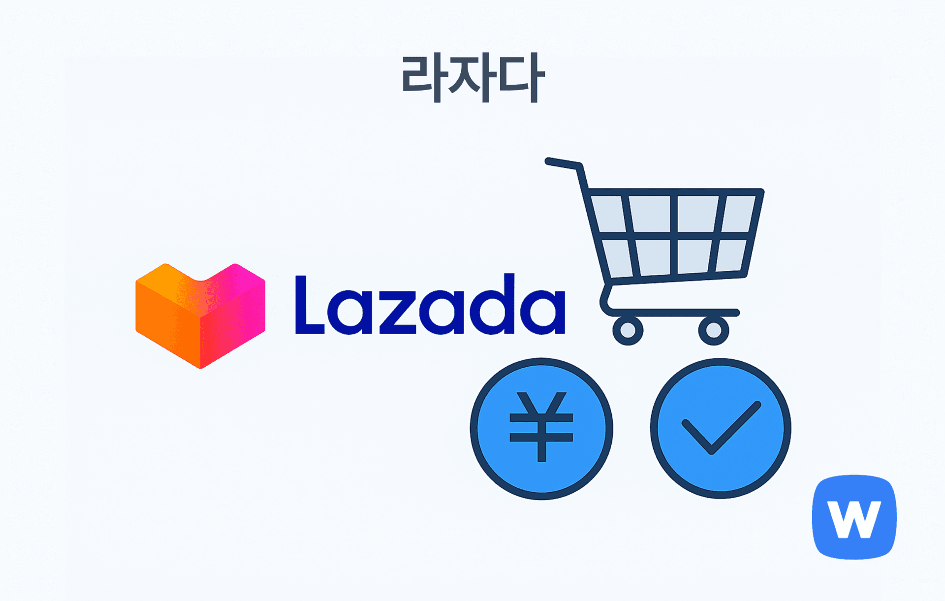 라자다 로고가 인쇄된 쇼핑 가방과 위치 핀, 패키지 박스, 체크 아이콘이 함께 구성된 벡터 일러스트. 동남아시아 지역의 글로벌 전자상거래 플랫폼을 상징적으로 표현함