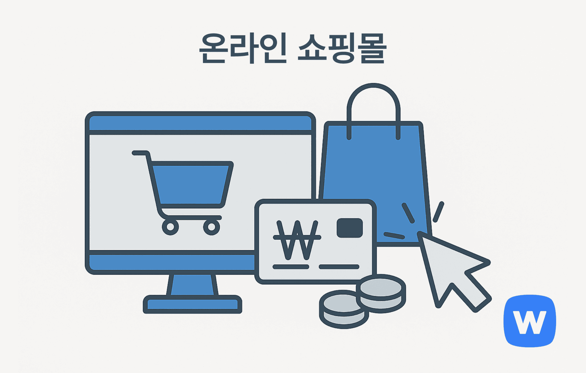 장바구니 아이콘이 있는 모니터, 파란색 쇼핑백, ₩ 기호가 있는 카드와 동전, 클릭 커서 아이콘이 함께 있는 그림. 고객이 인터넷에서 상품을 검색하고, 결제 및 구매를 진행하는 온라인 쇼핑몰 구매 과정을 시각적으로 표현함.