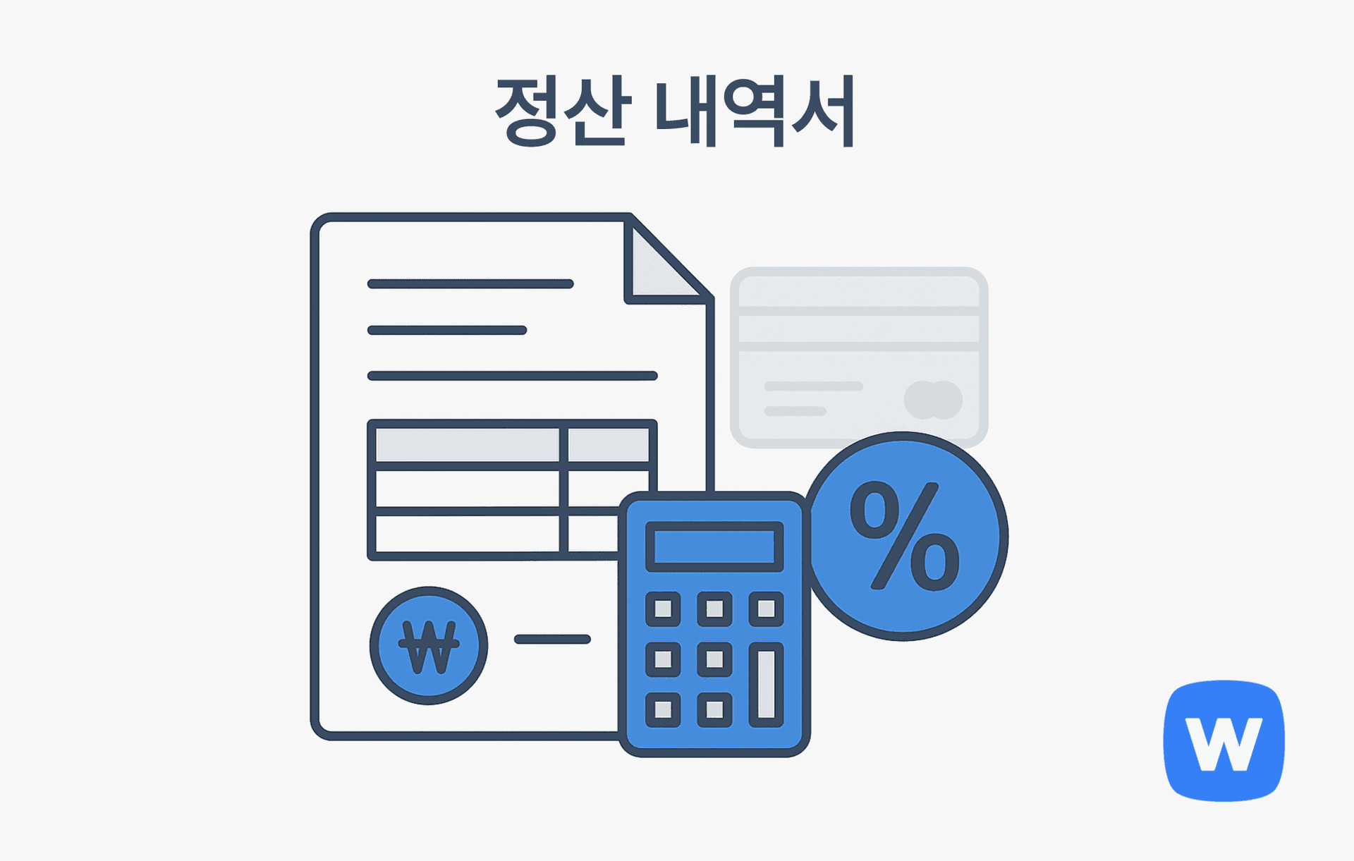 ₩ 기호가 있는 정산 내역 문서, 계산기, 퍼센트 아이콘, 신용카드 아이콘이 함께 배치된 플랫 벡터 일러스트. 판매 수익에서 각종 비용을 제외해 최종 정산 금액을 계산하는 과정을 시각적으로 표현.